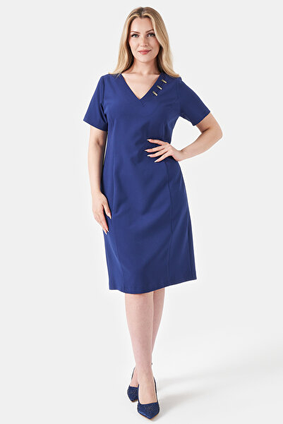 TOLGA SARAÇOĞLU 40253 Stylish Dress with Dark Blue Metal Accessories