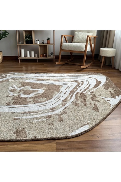 TÜRKERİ Çift Taraflı Amorf Bej Kahve Modern Salon Halısı Yıkanabilir Dekoratif Halı