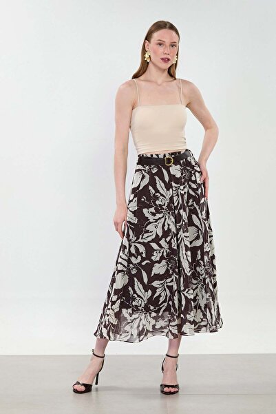 BARRELS AND OIL Women's Belted Floral Patterned Long Chiffon Skirt - Bitter B...