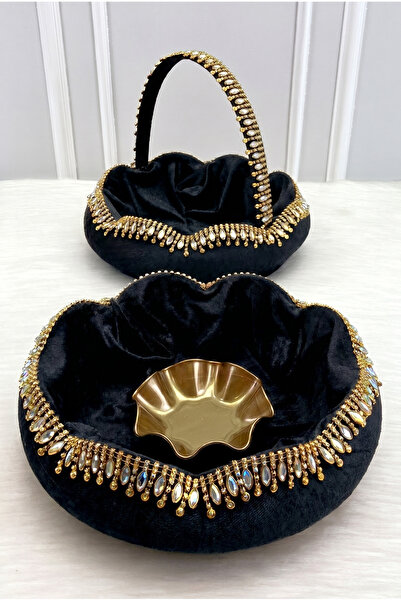 ZEYMERADE Black Bridal Henna Night Tray Basket Set, Velvet Large Shiny Stone ...