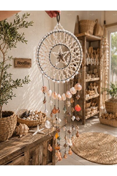 WoodBay Yıldız İşlemeli Deniz Kabuğu Rüzgar Çanı 85x24 cm El Yapımı Shell Duv...