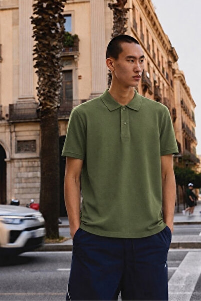 COMBİNE MİCHAİL Men's Basic Loose Khaki Polo Neck T-Shirt