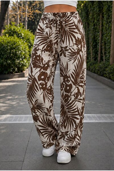 BİKELİFE Women's Floral Patterned High Waist Summer Fabric Elastic Waist Trou...