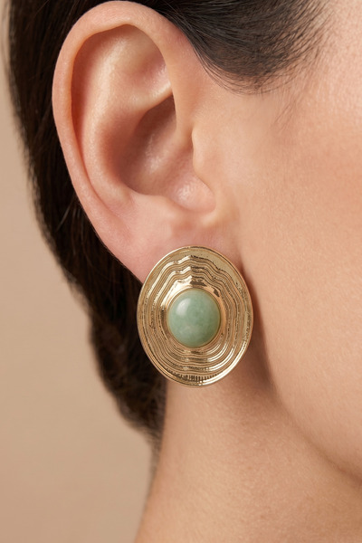 AURRARİ Vintage Green Enamel Striped Upright Ellipse Earrings