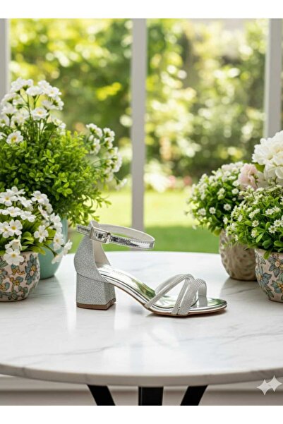 SGF KIDS Silver Cross-Stone Heeled Evening Dress Shoes