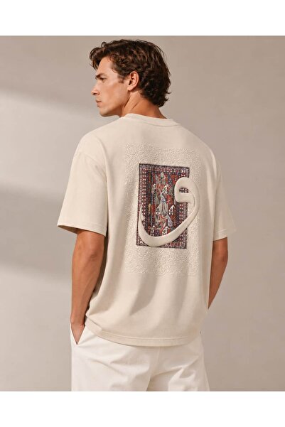 CANMODA Men's Beige Oversize Vav Letter Ethnic Motif Back Printed T-Shirt
