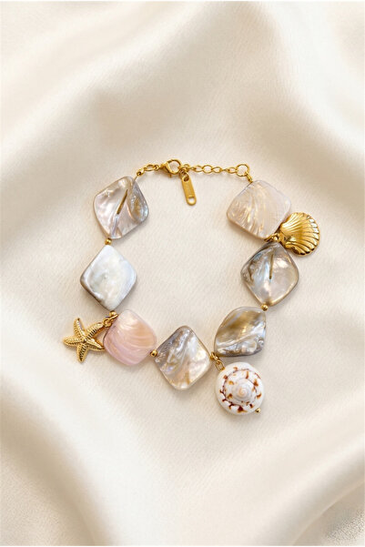Pelin Aksesuar Ecru Pearlescent Natural Stone-Looking Gold Color Steel Bracelet
