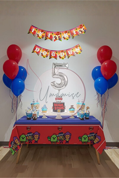Umamiçe Brawl Stars Themed 5Th Birthday Party Set – Tablecloth + Banner + 5 N...