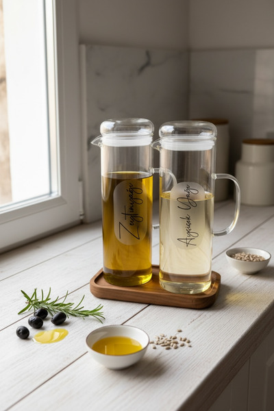zezedesing Ahşap Standlı 2’li Cam Yağdanlık Seti 1200 ML – Kulplu Borosilikat...