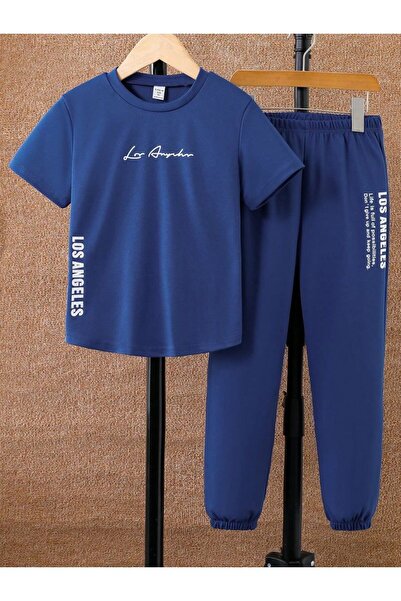 MASİON VESSAİRE Los Angeles Printed Children's Blue Summer Tracksuit Bottom-T...