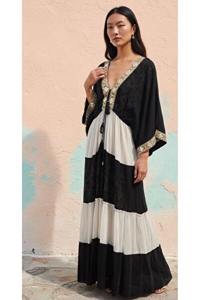 moda gk Beaded/Embroidery Detailed Shiny Patterned Bohemian Imported Dress