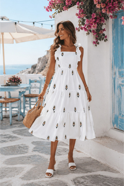 BAHNUR White A-Line Floral Print Ruffle Sleeve Dress