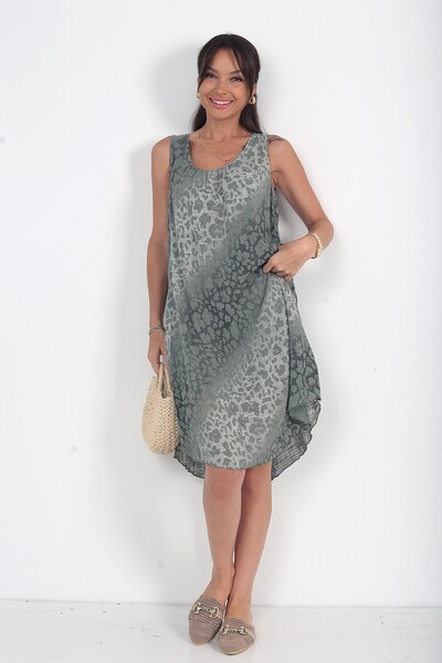 By Saygı Women's Italian Cotton Collar Elastic Lined Leopard Zero Sleeve Midi...