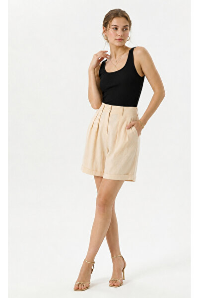 MAİMODA Women's Modal Fabric Pleated High-Waist Bermuda Shorts with Hem Detai...