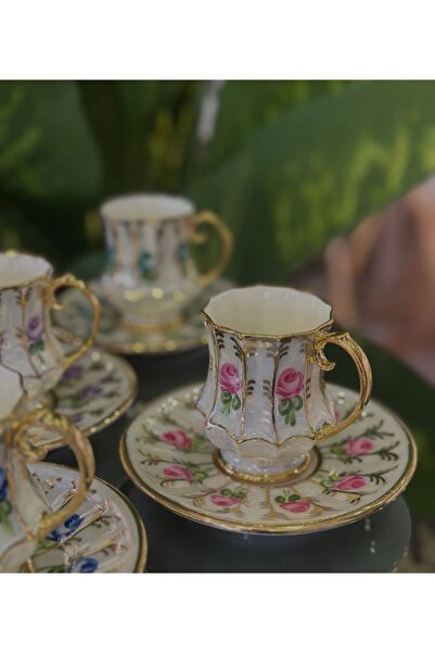 BY.RAYKA PORSELEN El Dekor Solana Porcelain Hand Painted 6 Cup Set