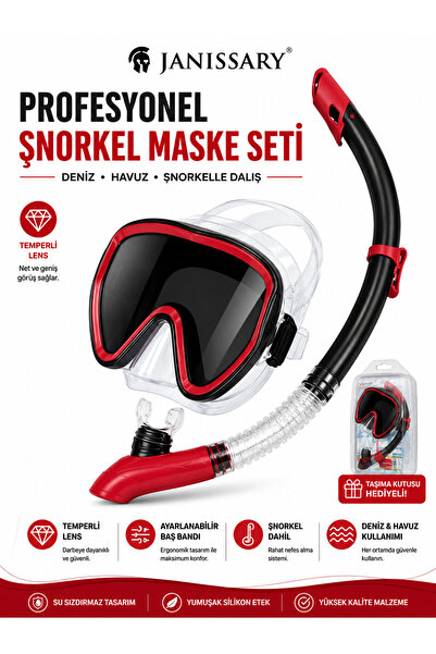 Janissary L1S Kırmızı Profesyonel Şnorkel Maske Seti – Temperli Cam Dalış Mas...