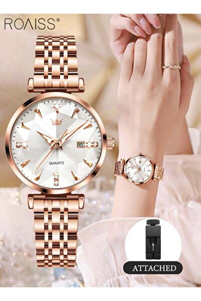 ROAISS Women's Steel Strap Quartz Watch Round White Dial Diamond Cut Mirror W...