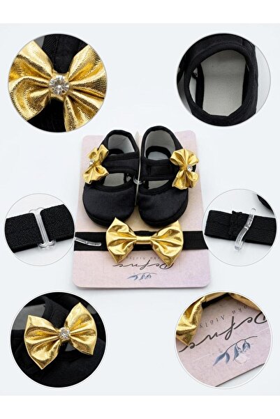 Defne Kız Bebek Siyah Gold Detaylı Taşlı Ayakkabı Bandana Seti