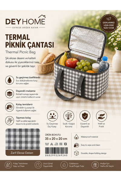 DEYHOME Termal Piknik Çantası 35x20x20 cm Isı Yalıtımlı Soğuk Sıcak Tutucu Ek...