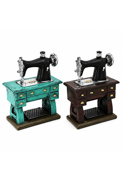 Vintage Dikiş Makinesi Dekoratif Biblo & Kumbara – Nostaljik Terzi Makinesi Figürlü Reçine Masaüstü Dekoru, Retro Ev ve Ofis Süsü, Hediyelik Koleksiyonluk Obje, 20x15x8.5 cm