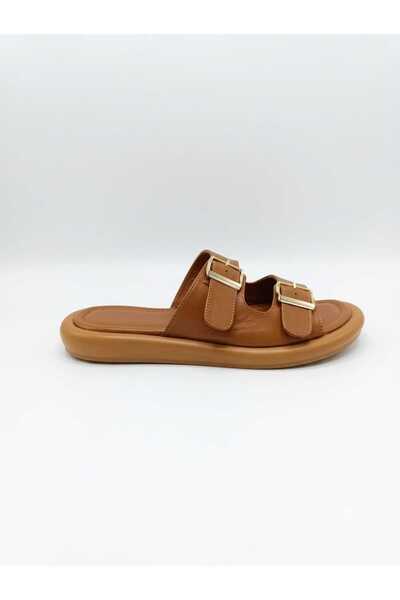nostra shoes Terra Kadın Taba Çift Tokalı Kalın Tabanlı Günlük Rahat Terlik