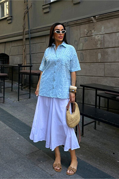 Fav Style Women's Short Sleeve Scallop Embroidered Shirt Blue