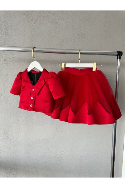 She Dress By Kubra Aksoy Shedress Girls' Red Tulle Skirt Set – Special Occasion Combination with Stylish Jacket