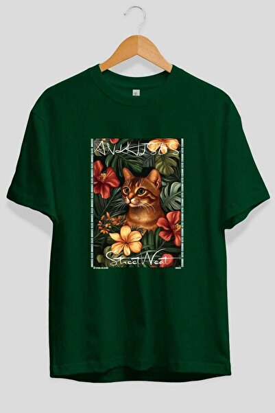 Ankhises For the Love of Cats 55 Front Cat Printed Green Oversize T-Shirt 100...