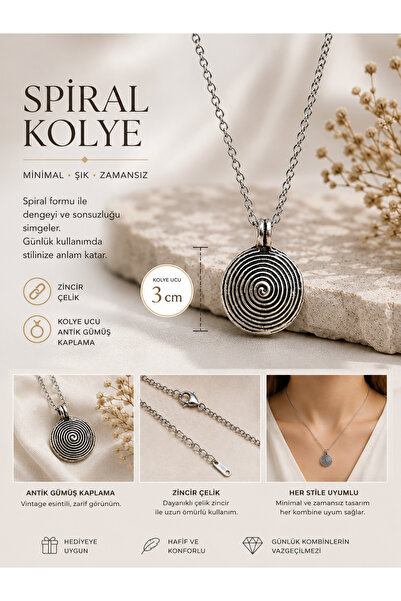 WhimsyWhite Vintage Spiral Sarmal Çelik Kolye - Çelik Zincirli, Antik Gümüş K...