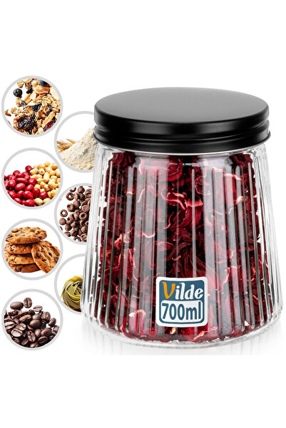 Vilde Recipient Sticla, 700 ml, 9x11x12 cm, Capac Metalic Cu Filet, Negru