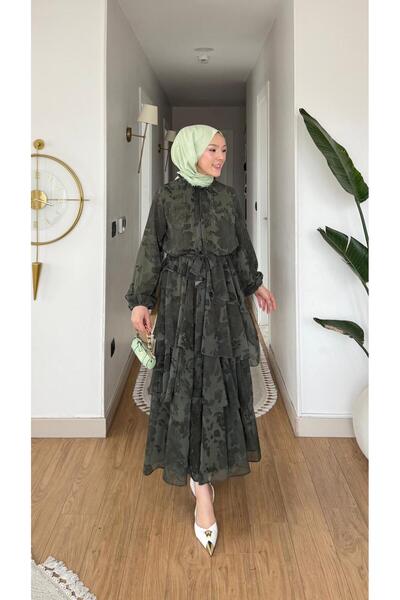 NİLNUR MODA Yeni Sezon Sare Şifon Astarlı 3 Katlı Elbise