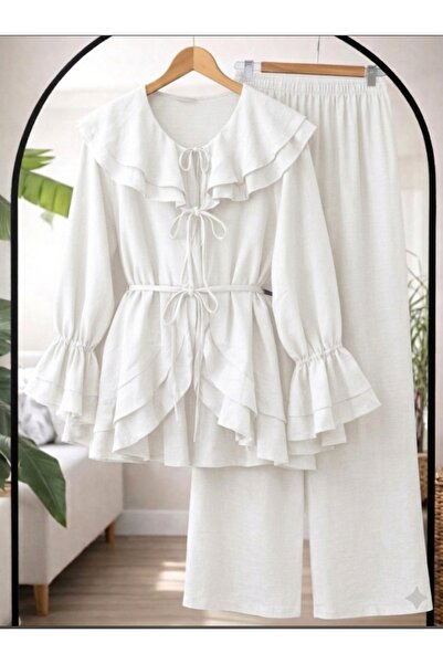 MODA MT Women's Collar Sleeve Detailed Waist Drawstring Pants Set