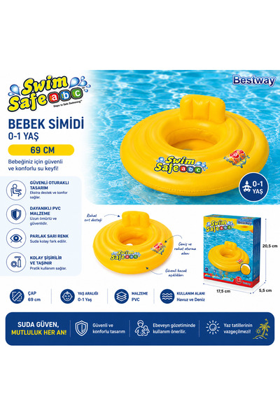 BESTWAY Swim Safe 69 cm Bebek Oturaklı Deniz ve Havuz Simidi – 0-1 Yaş Sarı