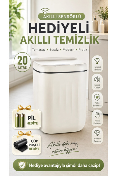 Marsilyan Sensörlü Çöp Kovası 20 Litre UV Işık Çöp Torbası Sabitleyici Aparat...