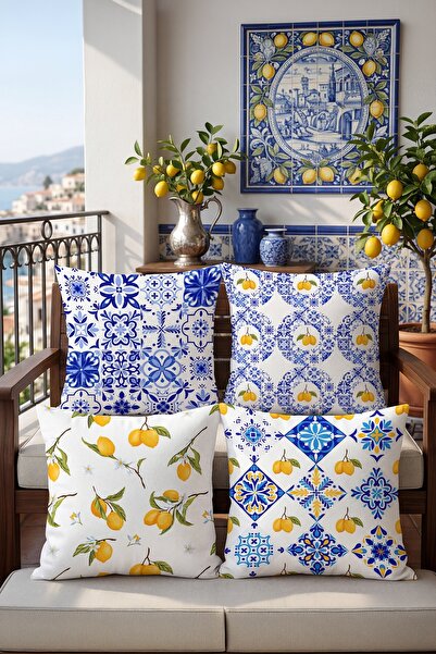 EVPANYA Blue Blanc Desenli 4'Lü Kırlent Kılıfı Seti