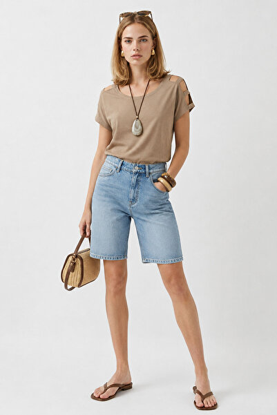VENA High Waist Med Blue 5 Pocket Jean Bermuda Shorts-Med Blue