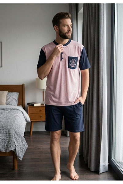 Serena Pijama bărbați din bumbac, mânecă scurtă și pantaloni scurti- culoare roz