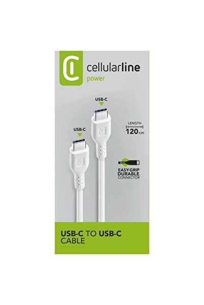 Cellularline كابل USB نوع C إلى C بقوة 60 واط، طول 1.2 متر - أبيض