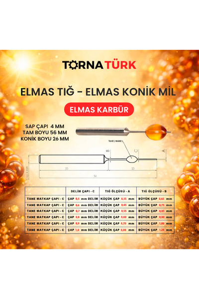 Torna Türk Elmas Tığ - Elmas Konik Mil 0.55x0.85 mm - 0.7 mm DELİM