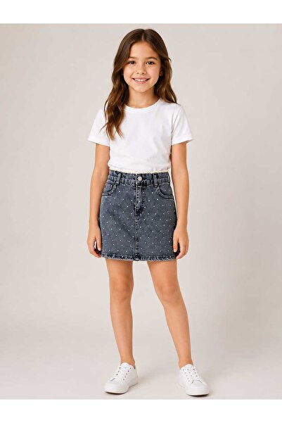 kidsense Kız Çocuk Taşlı Dantel Bel Betaylı Denim Kot Etek