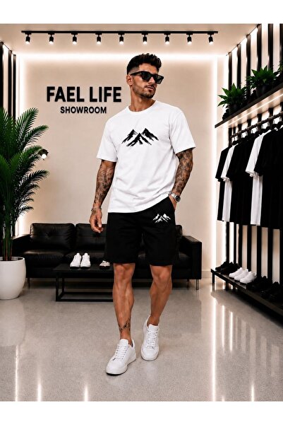 FAEL LİFE Unisex Wide Cut T-Shirt and Shorts Set with Mountain View Print