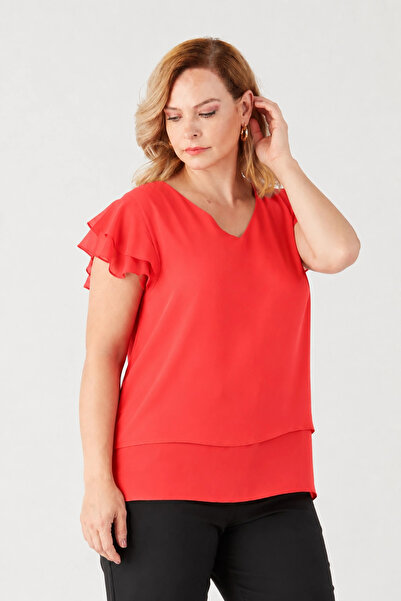 Moda Berray 3249 OMUZ FIRFIRLI ŞİFON BLUZ MERCAN