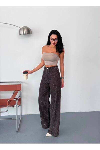 zeofficial PANTOLON BAGGY LİKRASIZ ÖN ARKA TAŞ İŞLEMELİ KAHVERENGİ