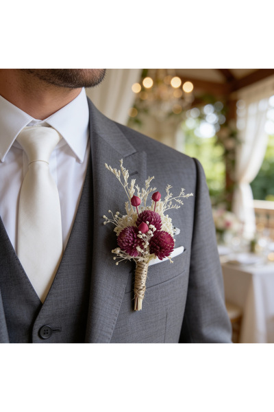 jujü Mürdüm Bordo Kuru Çiçek Damat Yaka Çiçeği, Damat Ve Sağdıç Yaka Çiçeği