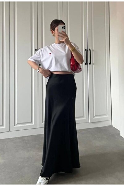 Olbia Women's Black Long Elastic Waist Satin Skirt