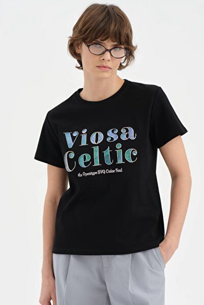 tw3 Tricou de damă, 100% bumbac, cu mânecă scurtă și broderie cu paiete în față