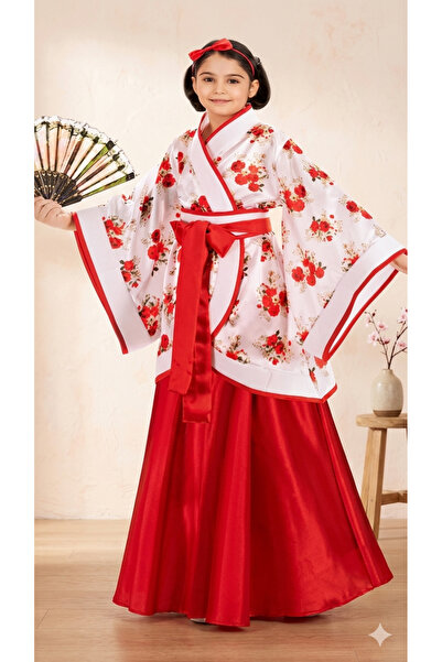 Maison Emarat Girls' Japanese Kimono Costume Set – Floral Red & White Traditi...