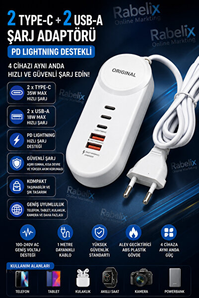 Rabelix Online Marketing 2 Type-C + 2 USB-A Hızlı Şarj Adaptörü PD Lightning Destekli 35W Type-C 18W USB Çoklu Şarj Cihazı