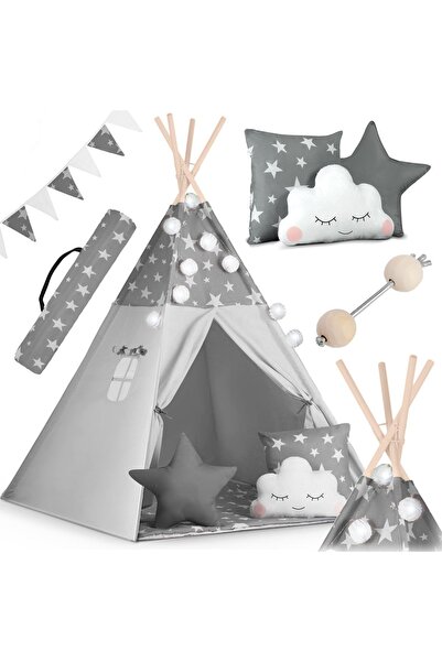 NUKIDO Cort tip teepee pentru copii cu ghirlandă și lumini - Gri cu stele