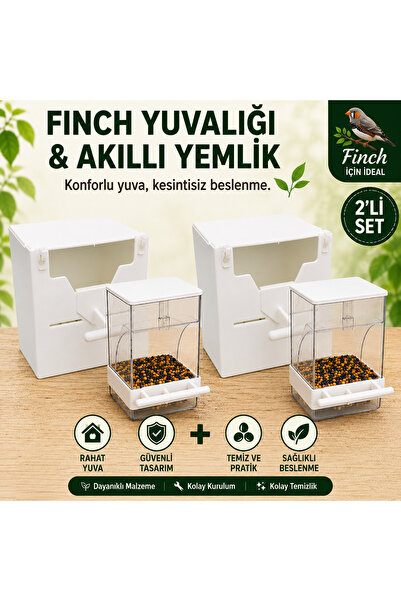 Finch Plastik Yuvalik 10 X 14 X 13 ( Beyaz V Agiz ) + Akıllı Yemlik x 2